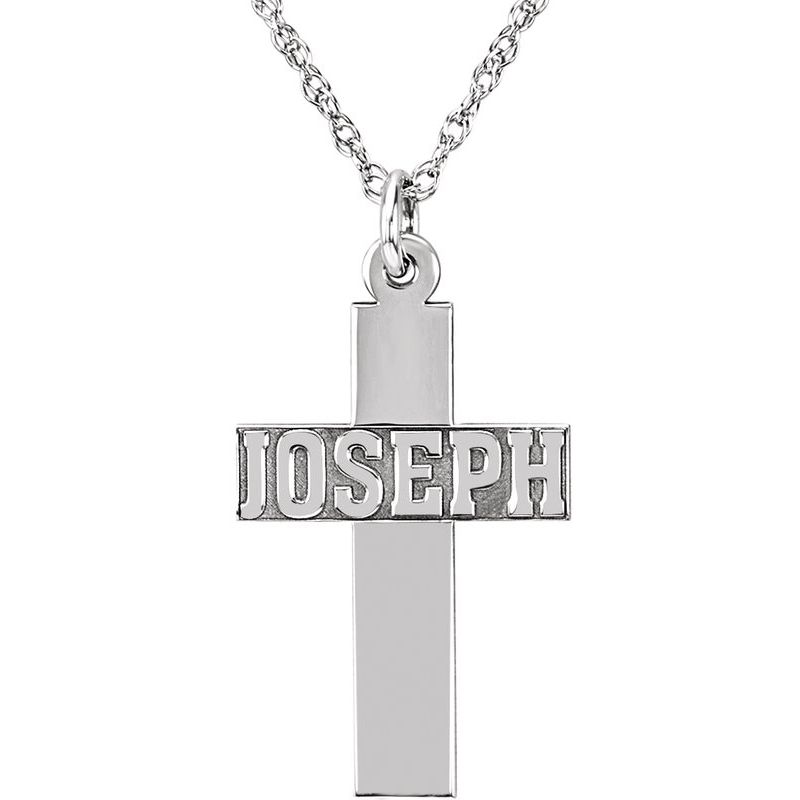 Block Nameplate Cross Necklace — Single Name 18″