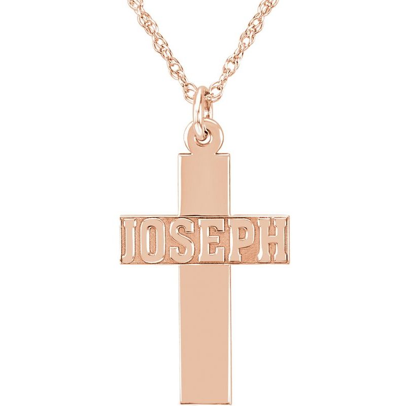 Block Nameplate Cross Necklace — Single Name 18″