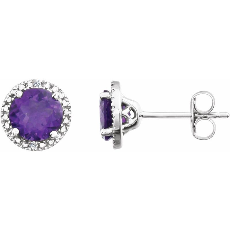 Round 4-Prong Halo-Style Birthstone Stud Earrings — Natural & .01 ctw Diamond