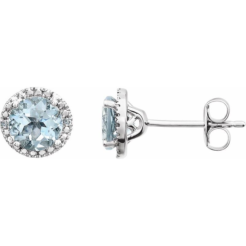 Round 4-Prong Halo-Style Birthstone Stud Earrings — Natural & .01 ctw Diamond