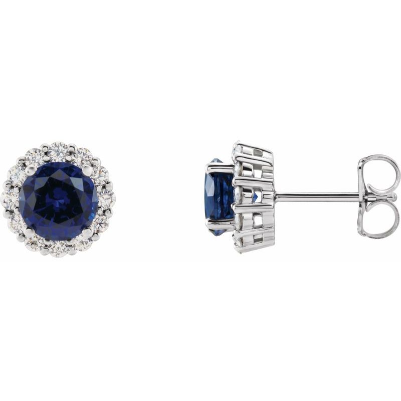 Round 4-Prong Halo-Style Earrings — Lab-Grown Blue Sapphire & Natural Diamond