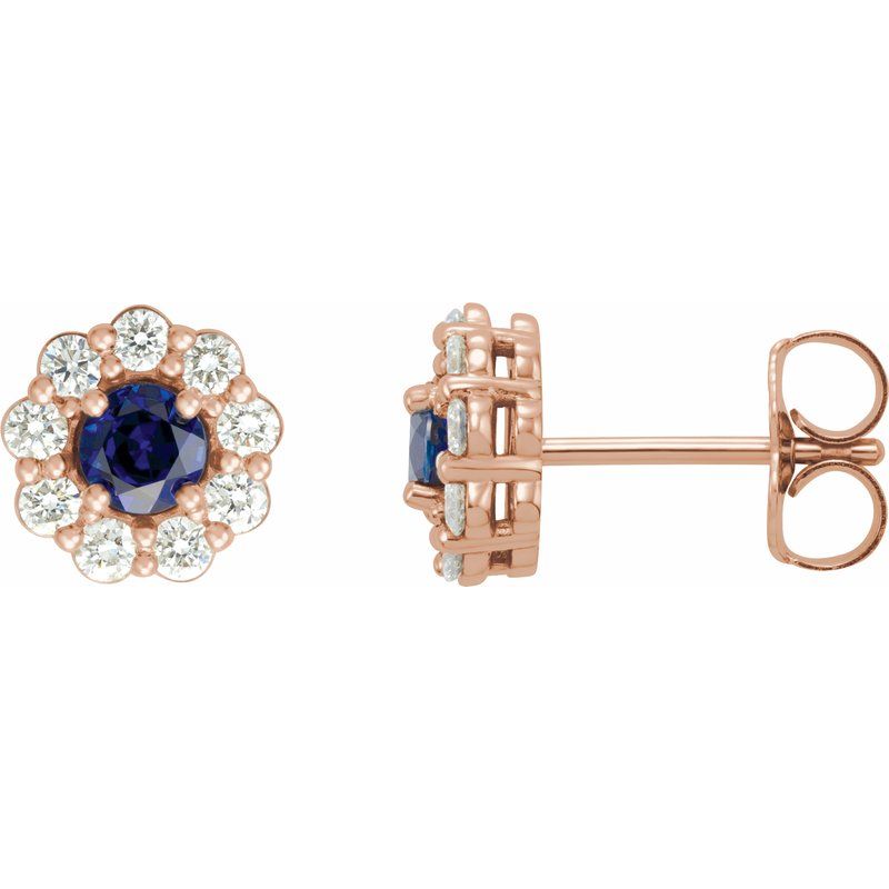 Round 4-Prong Halo-Style Earrings — Lab-Grown Blue Sapphire & Natural Diamond
