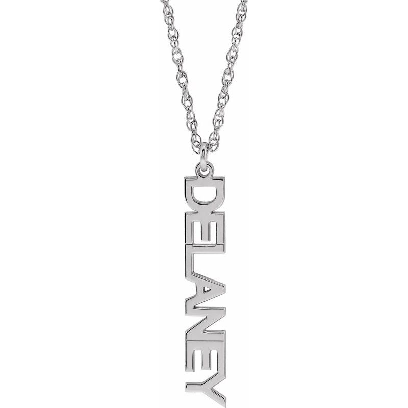 Block Nameplate Necklace — Vertical Single Name 18″
