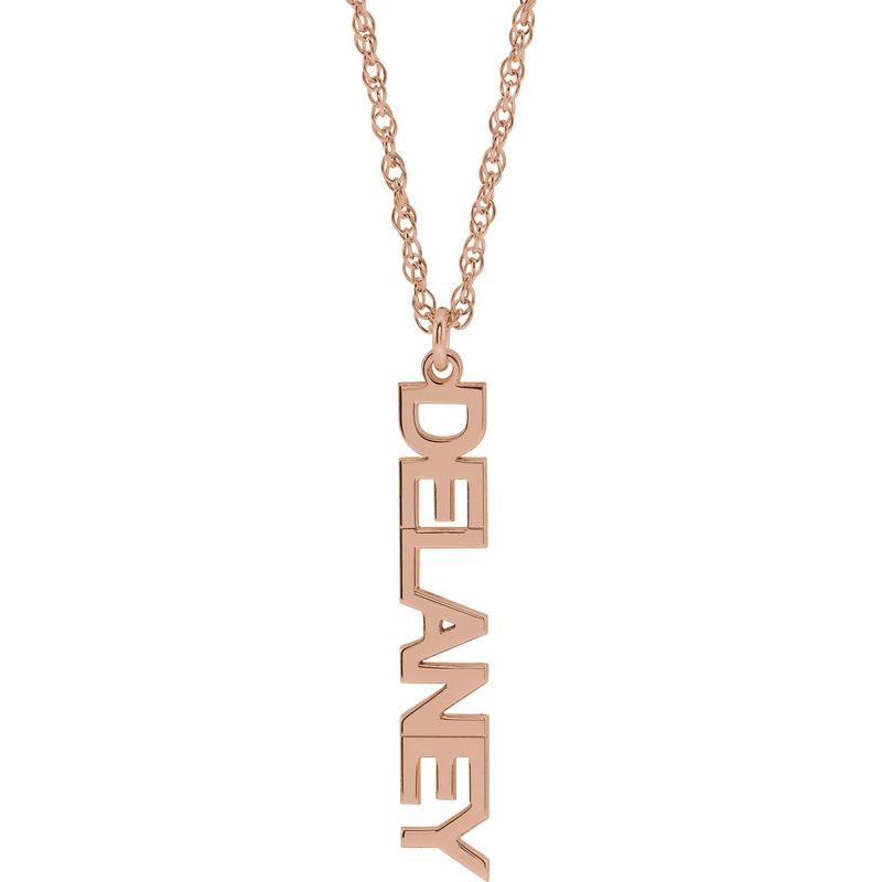 Block Nameplate Necklace — Vertical Single Name 18″